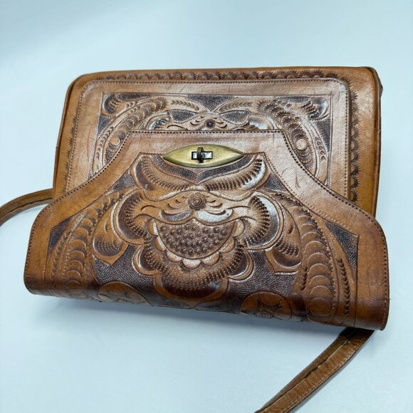 Vintage Hand Tooled Leather Shoulder Bag Made In Mexico Rose Flower - Picture 2 of 16